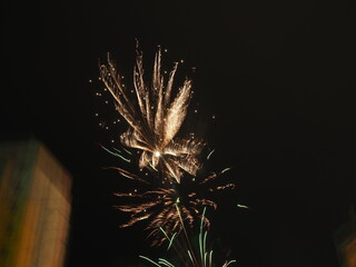 fireworks in the night sky. Colorful flashes of fire on black background. Celebration, festival or...