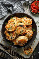 Delicious puff pastry snacks pinwheels with salmon, spinach and mozzarella cheese in a bowl top view