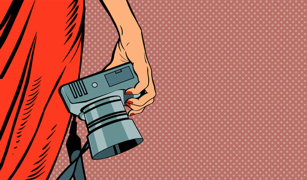 Female hand with a camera. Woman in a red dress. Photographing in the studio. Vector banner illustration in pop art style.