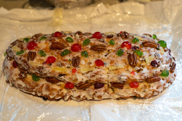 Beautiful homemade holiday stollen with cherries and pecans