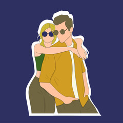 Smiling beautiful girl and her handsome boyfriend laughing, happy cheerful couple in sunglasses, sticker with white stroke