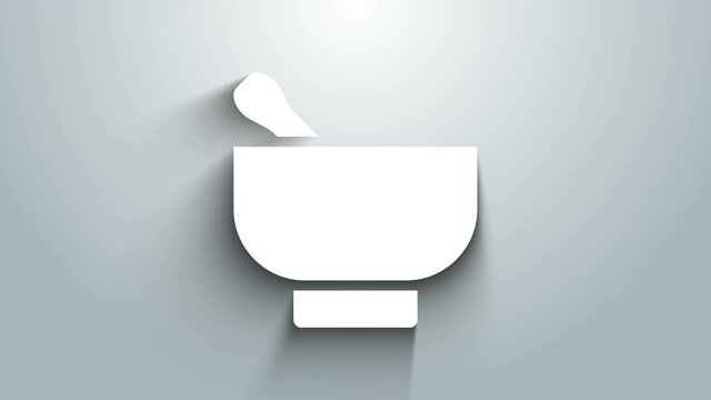 White Magic mortar and pestle icon isolated on grey background. 4K Video motion graphic animation