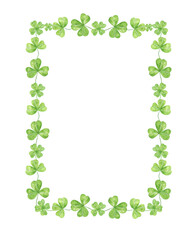 Shamrock green leaves natural decorative frame watercolor illustration, a symbol of a national identity of Ireland, spring holiday, St Patrick's day, cute style for greeting cards, banner