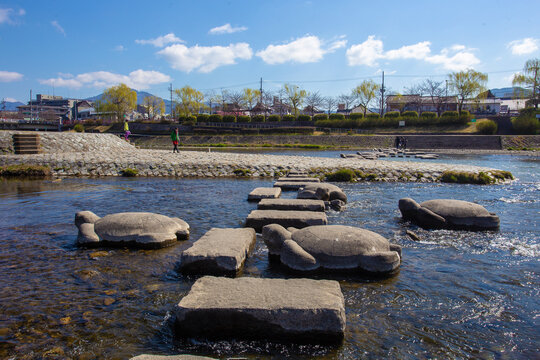 Amazing stones footpath throught river Katsura with statues of turtles and doves (lying in water) in Kyoto