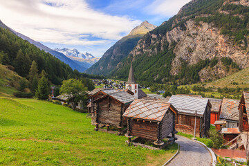 Mountain lodges houses, church, switzerland, swiss alps, zermatt, wallis, street, cloudy clouds, tree grass, field