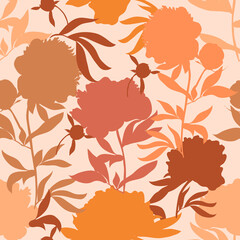 Blossom floral seamless pattern. Silhouette peony in pastel colors with leaves scattered random. Abstract vector texture. Good for fashion prints, fabric, design. Hand drawn flowers on pink background