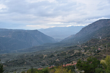 View of the main monuments of Greece. Ruins of ancient Delphi. Oracle of Delphi. Mount Parnassus
