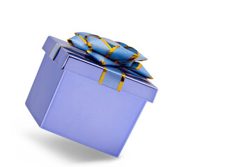 gift box wrapped in glossy lilac paper with a bow, isolate on a white background with a shadow