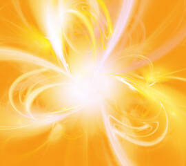Abstract yellow shapes of loops on orange background. Star close up in space, sun flashes. Digital fractal art. 3d render