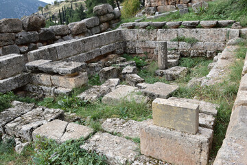 View of the main monuments of Greece. Ruins of ancient Delphi. Oracle of Delphi. Mount Parnassus

