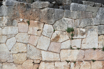 View of the main monuments of Greece. Ruins of ancient Delphi. Oracle of Delphi. Mount Parnassus. Stone wall with ancient Greek inscriptions
