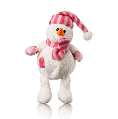 white textile toy snowman in pink hat and scarf isolated on white background