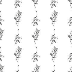Doodle simple vector seamless pattern of hand-drawn leaves. Seamless pattern of hand-drawn branches. Big floral botanical set. Isolated on white background.