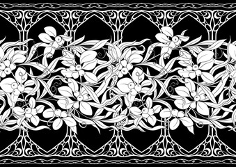 Floral Seamless pattern, background In art nouveau style, vintage, old, retro style. Black and white graphics vector illustration..