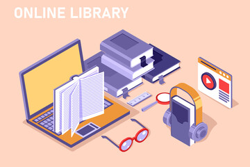 Online mobile library creative modern 3d flat design web isometric concept. Library shelf in smart phone tablet micro people on ladders reading put take off books. World knowledge in pocket.