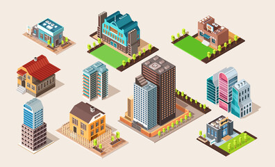 Isometric Building City Real Estate. Public Building icon Collection Luxury Hotel Garden. Isometric Tiles. 3d Urban Map Illustration Elements Set Business Vector Game
