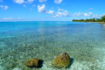 Fototapeta na wymiar Crystal clear water with corals along the shallow bay at Princess Cays, Bahamas