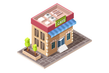 Vector Isometric icon representing coffee shop building with trees.
