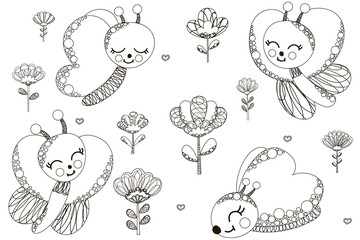 Naklejka premium Cartoon set of black and white cute cartoon funny characters of butterflies, abstract flowers, doodles of hearts. Outline isolated summer stylish kids kawaii clip art. For coloring book, page. Vector.