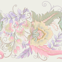 Seamless pattern with stylized ornamental flowers in retro, vintage style. Jacobin embroidery. Colored vector illustration isolated on white background.