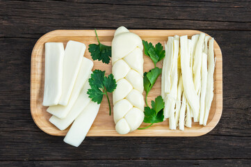 Traditional various cheeses, 
string, knitted and cecil cheese, turkish delicatessen concept