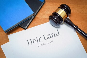 Heir Land. Document with label. Desk with books and judges gavel in a lawyer's office.