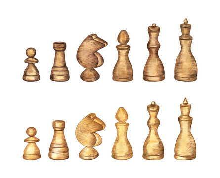 Set of chess pieces painted in watercolors, isolated on white background. Fine and delicate drawing.