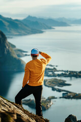 Male in orange top standing on the summit of a mountain after a long hike in Norway, Lofoten