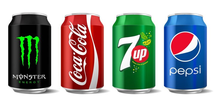 Vector illustration of classic Monster Energy, Coca-Cola, Pepsi and 7Up can isolated on white background for editorial use