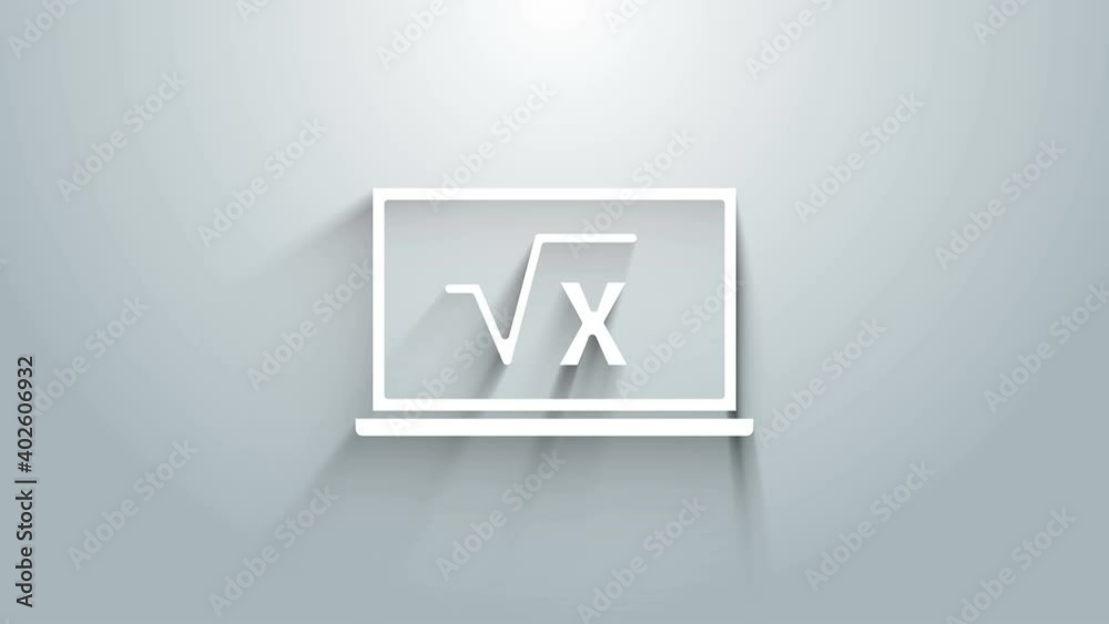 Sticker White Square root of x glyph on chalkboard icon isolated on grey background. Mathematical expression. 4K Video motion graphic animation