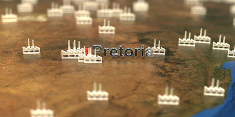 Pretoria city and factory icons on the map, industrial production related 3D rendering
