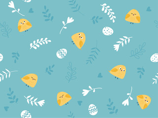 Seamless pattern with Easter and spring elements: flowers, chiks, birds, eggs