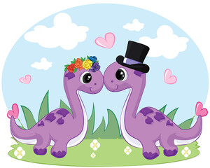 couple dinosaur Brachiosaurus. Valentines day card.