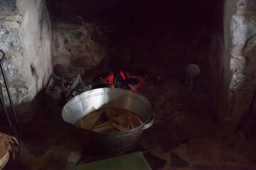 Cabin Fireplace with a fire