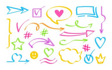 Arrow and speech bubble highlighter design element set. Sign bright hand drawn collection different icon. Business cross, check mark. Shapes objects vector illustration