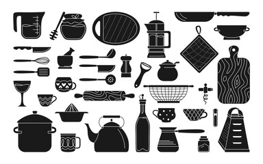 Cookware kitchen tools black glyph set. Baking tools cartoon doodle dishes, equipments. Monochrome kitchen utensils collection. Food preparation Vector illustration on white
