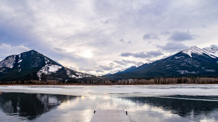 Beautiful view of Vermilion lakes in wintertime, in the Banff national park, Canada