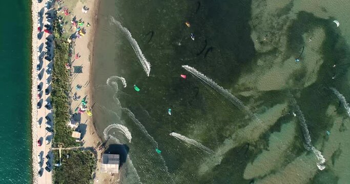 Aerial view of kitesurfing spot on the Neretva delta valley river near Ploce.