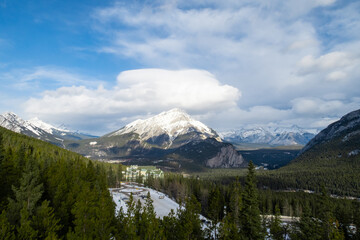 Fototapeta premium View of Banff Springs Hotel and Bow River as seen from the summit of Sulphur mountain, Canada