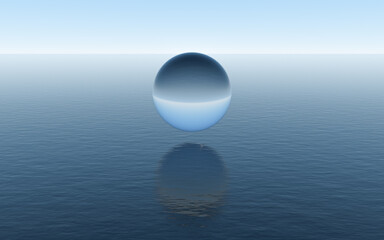 Water sphere over the calm ocean, fantastic scene, 3d rendering.