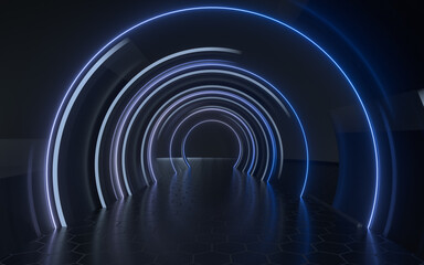 Dark tunnel with neon glowing lines, 3d rendering.