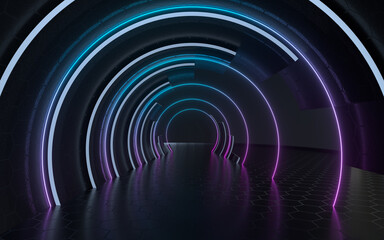 Obraz premium Dark tunnel with neon glowing lines, 3d rendering.