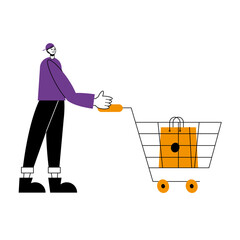 Man cartoon with shopping bag in cart vector design