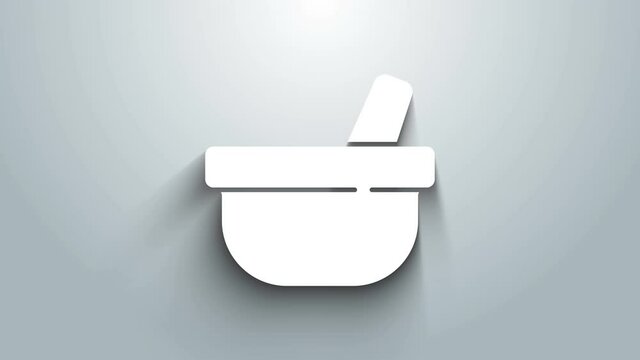 White Mortar and pestle icon isolated on grey background. 4K Video motion graphic animation