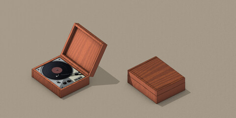 Retro style vinyl record player, music album, raster illustration.
