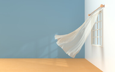 Empty room with blowing curtain, interior background, 3d rendering.
