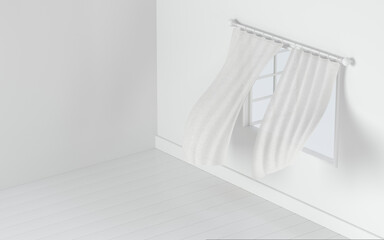 Empty room with blowing curtain, interior background, 3d rendering.