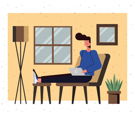 Man cartoon with laptop at home vector design