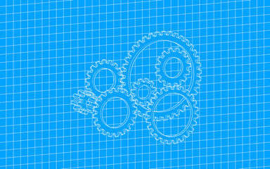 Gear design with blueprint style, grid pattern, raster illustration.