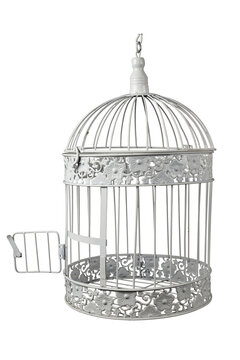 Vintage white empty bird cage with open door isolated on a white background